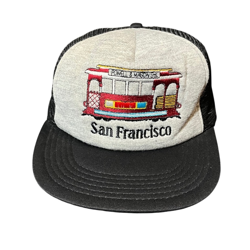 Vintage Trucker Hat Unisex OSFA Black Gray San Francisco Cable Car Souvenir